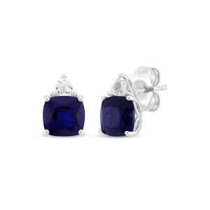 Cushion-Cut Blue Lab Sapphire & White Lab Sapphire Stud Earrings Sterling Silver
